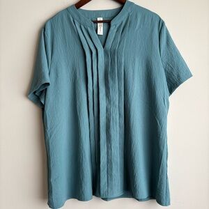 Teal Pleated V Neck Blouse Short Sleeve Tunic Top Loose Fit Women’s XXL